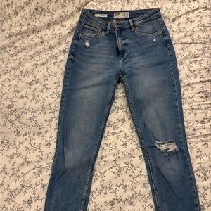 Bershka Blue Skinny Jeans with Distressed Knee